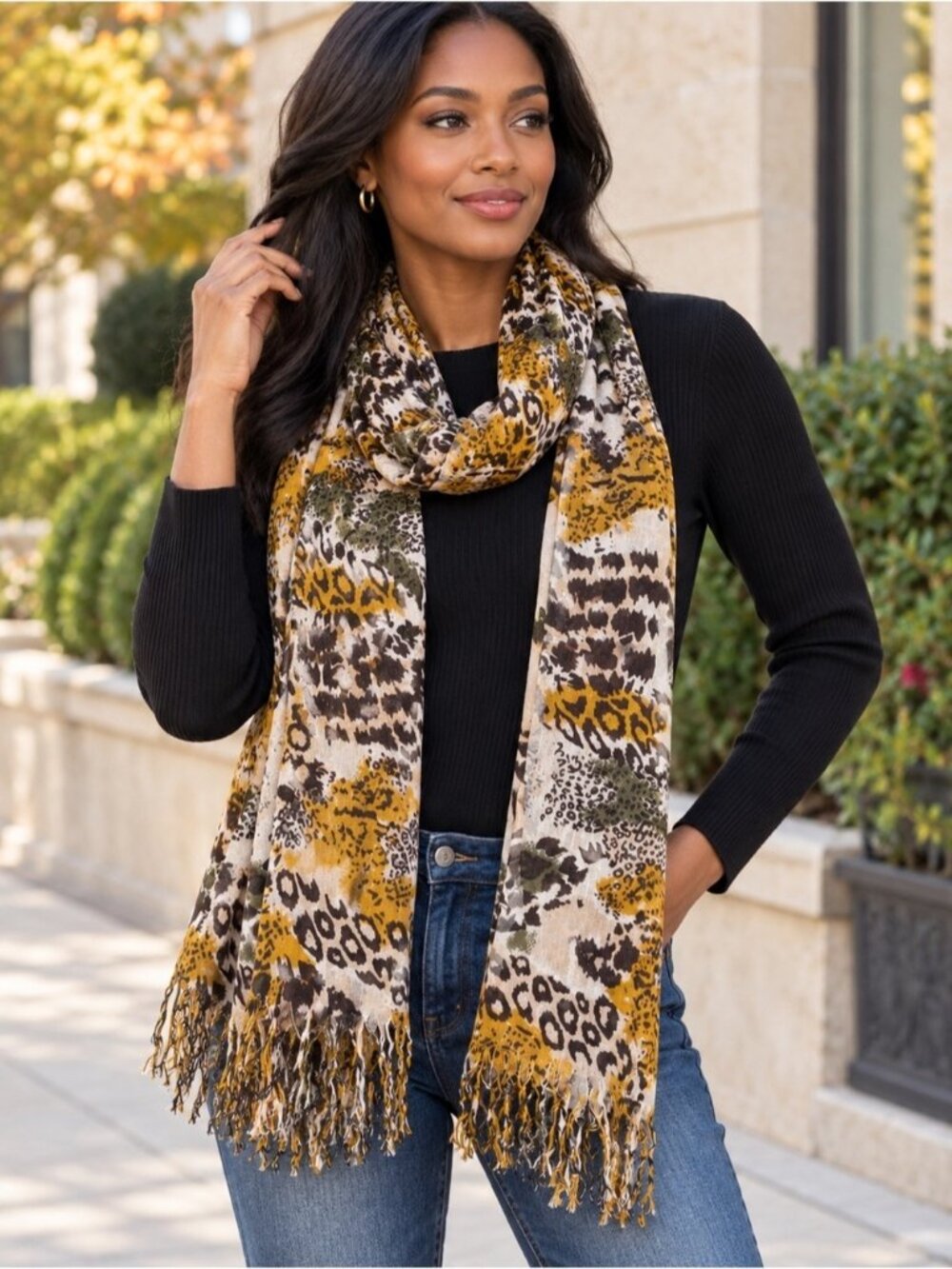Deena & Ozzy Mustard Animal Print Fringe Scarf